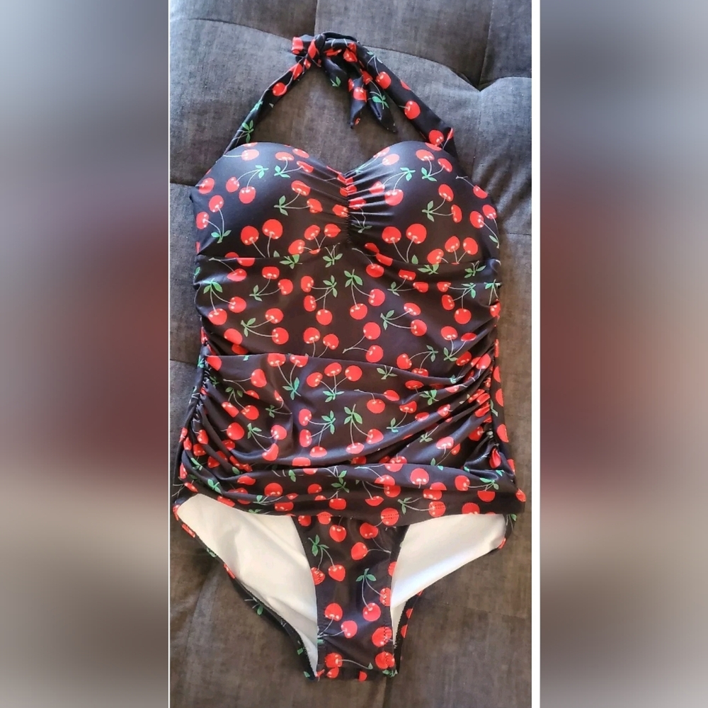 Women's Black Cherry Halter Tankini Swimsuit